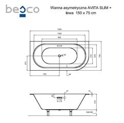 Vonia Besco Avita Slim+, 150 x 75 cm, kairinė, su aukso spalvos sifonu цена и информация | Ванны | 220.lv