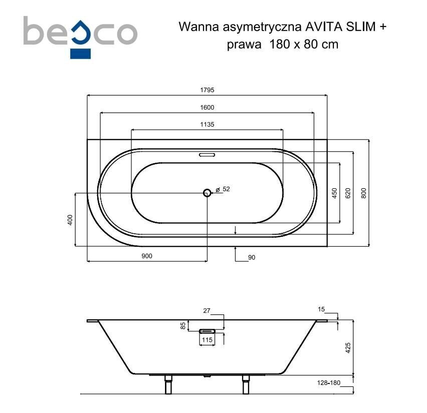 Vanna Besco Avita Slim+, 180x80 cm, labās puses cena un informācija | Vannas | 220.lv