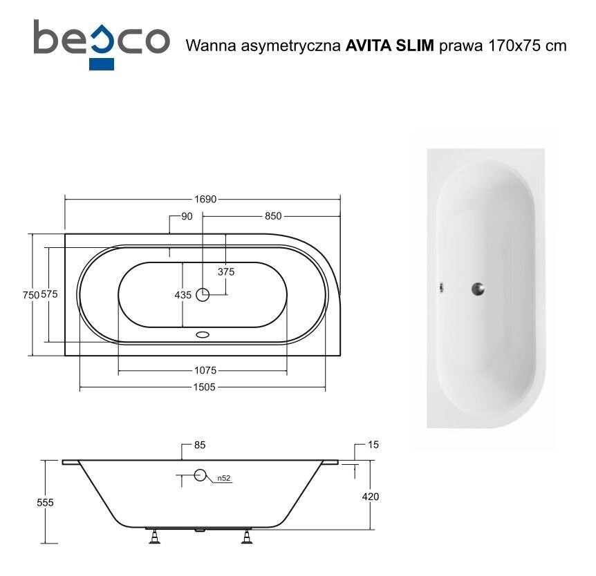 Vanna Besco Avita Slim, 170x75 cm, labās puses cena un informācija | Vannas | 220.lv