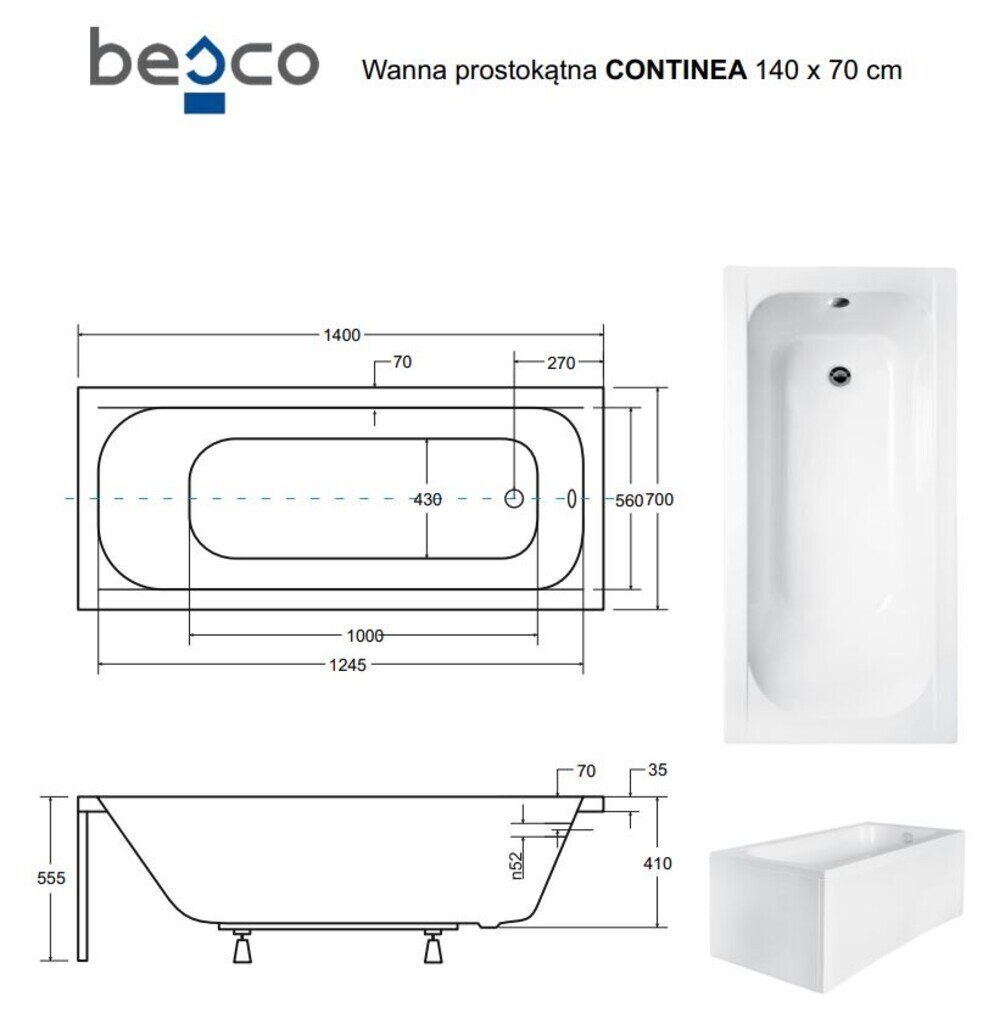 Vanna Besco Continea, 140x70 cm cena un informācija | Vannas | 220.lv