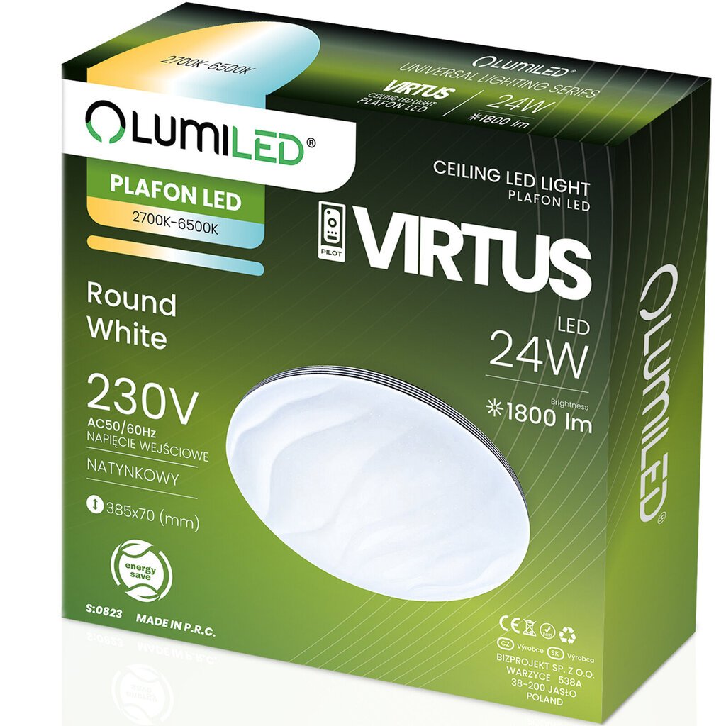 Plafond LED Virsmas gaisma VIRTUS 24W 38,5 cm CCT + tālvadības pults LUMILED cena un informācija | Griestu lampas | 220.lv