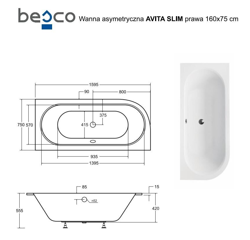 Vanna Besco Avita Slim, 160x75 cm, labās puses cena un informācija | Vannas | 220.lv