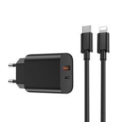 WIWU sienas lādētājs Wi-U002 PD + QC 20W 1x USB 1x USB-C melns + kabelis USB-C - gaismas ning cena un informācija | Lādētāji un adapteri | 220.lv