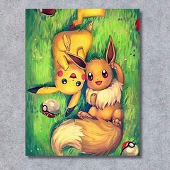 Gleznošana pēc skaitļiem ar rāmi Attēli gleznošanai - Pokemon, Pikachu un Eevee 40x50 cm cena un informācija | Gleznas pēc numuriem | 220.lv