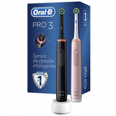 Oral-B Pro 3 3900N melna+rozā zobu birstīte divu iepakojumu komplekts + uzgaļu maisījums + futrālis melns, pūderrozā krāsā цена и информация | Электрические зубные щетки | 220.lv