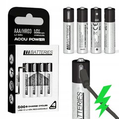 LiiBatteries Мощный перезаряжаемый литий-ионный аккумулятор Aaa Usb-C 4шт. 500mAh 1.5V цена и информация | Аккумуляторы для фотокамер | 220.lv