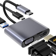 iLike HD5 4in1 Конвертер USB-C на Hdmi 4K 30Hz / VGA монитор / USB 3.0 / USB-C PD 100W цена и информация | Адаптеры и USB разветвители | 220.lv