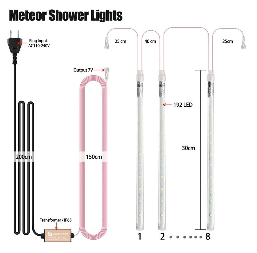 LED lampas Aneeway, meteoru lietus, 8x24LED, 30 cm, vēsi baltas cena un informācija | Āra apgaismojums | 220.lv