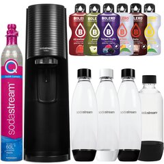 SodaStream Terra Black viena pudele + SodaStream 2x 1L pudeles ar drošinātāju + melna pudele (dek) cena un informācija | Gāzētā ūdens aparāti | 220.lv