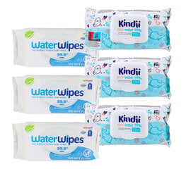 Mitrie bērnu salvetes komplekts Kindii un WaterWipes, 2x3 iepakojumi cena un informācija | Mitrās salvetes, vienreizlietojamie paladziņi | 220.lv