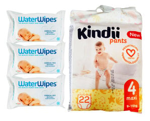 Kindii bērnu biksīšu autiņi MAXI 9-15kg + WaterWipes, 3 gab cena un informācija | Autiņbiksītes | 220.lv