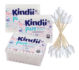 Kindii Гигиенические палочки для детей PURE 3 PACK 180 штук цена и информация | Ватные изделия и влажные салфетки | 220.lv