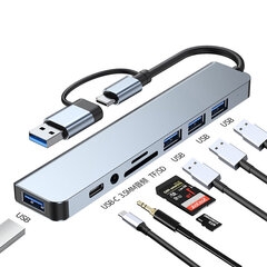 Разветвитель-концентратор 8 в 1 USB-C/A на USB 3.0/USB 2.0/SD/TF/USB-C/аудио, Avernus цена и информация | Адаптеры и USB разветвители | 220.lv