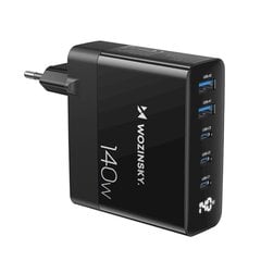 Tīkla lādētājs, Wozinsky CGWCB1, 100-240 V, GaN 140 W, 3x USB-C, 2x USB-A, melns cena un informācija | Lādētāji-akumulatori (Power bank) | 220.lv