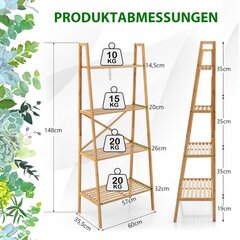 Costway kāpņu plaukts no bambusa ar aizsardzību pret apgāšanos 4 līmeņu grāmatu skapis 60 x 35,5 x 148 cm dabisks cena un informācija | Plaukti | 220.lv