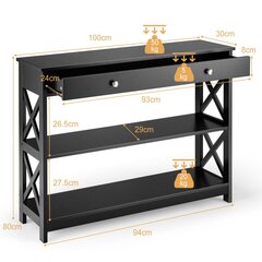 Costway 3 līmeņu konsoles galds ar atvilktnēm gaiteņa galds no koka 100 x 30 x 80 cm melns cena un informācija | Konsoles galdiņi | 220.lv