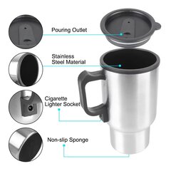 12V 450ml Elektriskā apkure Automašīnas tējkanna ūdenim Kafija Piens Camping Thermal Mug Travel Nerūsējošā tērauda auto tējkanna Apsildāma krūze. cena un informācija | Termosi, termokrūzes | 220.lv