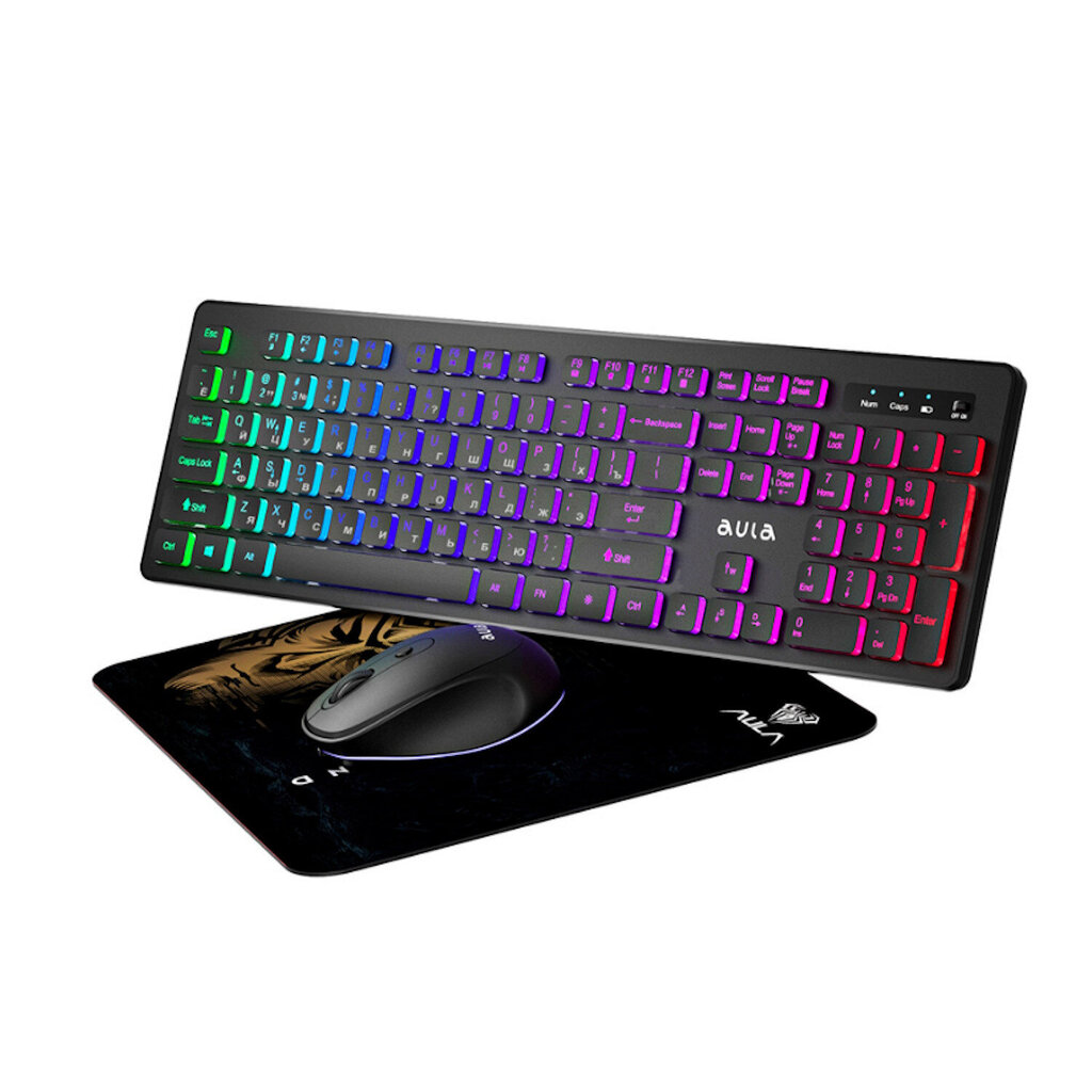 Aula AC208 3in1 2.4G Wireless Combo RGB Tastatūra (EN/RU), Datora Pele, Paliktnis (29x25x2.5cm) Black cena un informācija | Klaviatūras | 220.lv