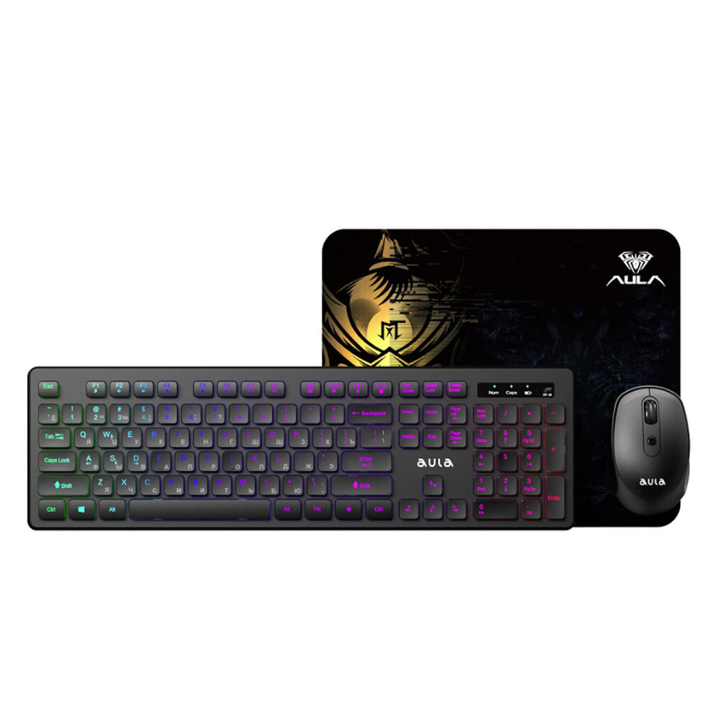 Aula AC208 3in1 2.4G Wireless Combo RGB Tastatūra (EN/RU), Datora Pele, Paliktnis (29x25x2.5cm) Black cena un informācija | Klaviatūras | 220.lv