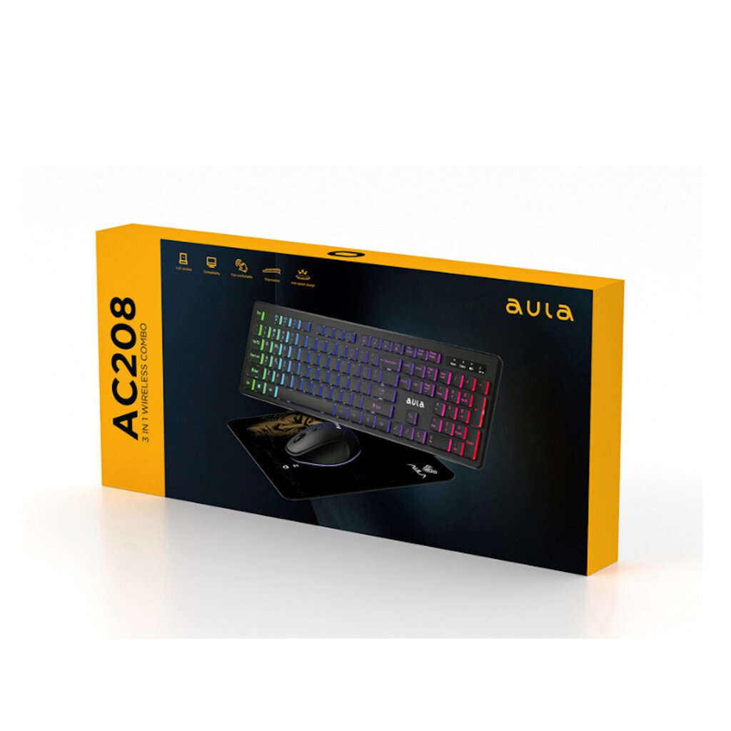 Aula AC208 3in1 2.4G Wireless Combo RGB Tastatūra (EN/RU), Datora Pele, Paliktnis (29x25x2.5cm) Black cena un informācija | Klaviatūras | 220.lv