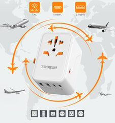 Туристический адаптер TESSAN 636DV 65 Вт, 2 USB, 3 USB C, белый цена и информация | Кабели и провода | 220.lv