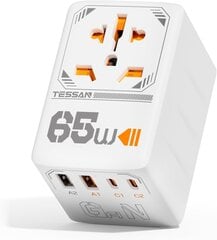 Туристический адаптер TESSAN 65 Вт с USB C, 2 USB C/USB A, США/Великобритания/ЕС/Австралия, б/у цена и информация | Кабели и провода | 220.lv