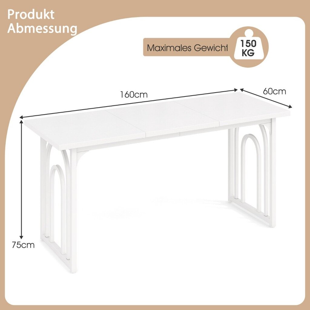 Costway ēdamistabas galds koka 160 x 60 cm taisnstūra virtuves galds ar metāla kājām balts cena un informācija | Virtuves komplekti | 220.lv