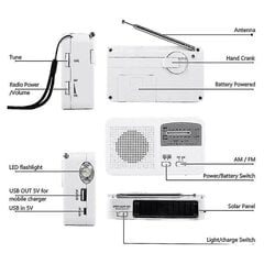 Avārijas radio ar saules bateriju un rokas kloķi, pašdarbināms, akumulatora USB uzlāde Fm/am radio LED lukturītis, tālruņa lādētājs cena un informācija | Radioaparāti, modinātājpulksteņi | 220.lv