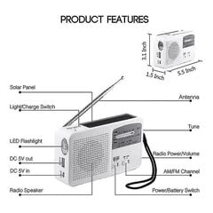 Avārijas radio ar saules bateriju un rokas kloķi, pašdarbināms, akumulatora USB uzlāde Fm/am radio LED lukturītis, tālruņa lādētājs cena un informācija | Radioaparāti, modinātājpulksteņi | 220.lv