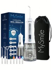 MySmile jaudīgs bezvadu 350 ml ūdens flosser pārnēsājams OLED displeja zobu mutes dobuma irigators ar 5 spiediena režīmiem, 8 maināmi strūklas uzgaļi un uzglabāšanas soma цена и информация | Средства для интимной гигиены | 220.lv