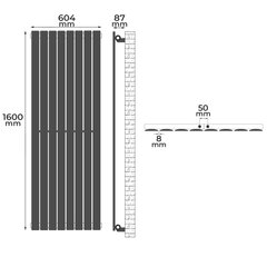 Vertikālais radiators – Viens plakans panelis ar 8 kolonnām, mūsdienīgs dizains, 1600x604x52, tērauds, balts – centrālā apkure vannas istabai, virtuvei, koridoram, viesistabai, guļamistabai, ''HB''. cena un informācija | Apkures radiatori | 220.lv