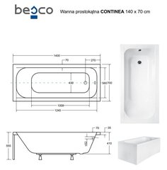 Vanna Besco Continea ar apdailu, 140x70 cm cena un informācija | Vannas | 220.lv