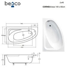 Ванна Besco Cornea с отделкой, 140x80 см, левосторонняя цена и информация | Ванны | 220.lv