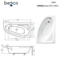 Vanna Besco Cornea Comfort ar apdari, 150x100 cm, labā puse cena un informācija | Vannas | 220.lv