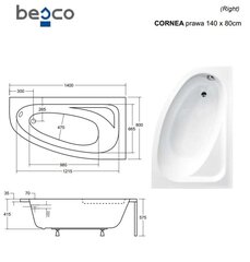 Ванна Besco Cornea, 140x80 см, правосторонняя цена и информация | Ванны | 220.lv