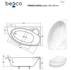 Ванна Besco Finezja Nova, 140x95 см, правосторонняя цена и информация | Ванны | 220.lv