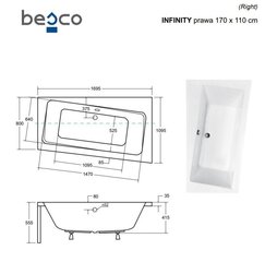 Vanna Besco Infinity ar apdari, 170x110 cm, labā puse cena un informācija | Vannas | 220.lv