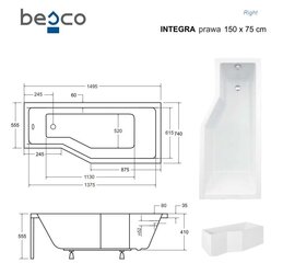 Vanna Besco Integra ar apdailu, 150x75 cm, labā puse cena un informācija | Vannas | 220.lv