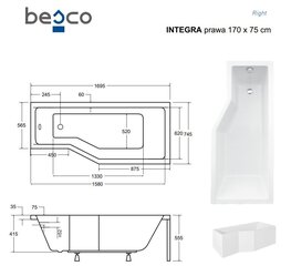 Vanna Besco Integra ar apdari, 170x75 cm, labā puse cena un informācija | Vannas | 220.lv