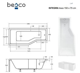 Vanna Besco Integra ar stikla sieniņu un apdari, 150x75 cm, kreisā cena un informācija | Vannas | 220.lv