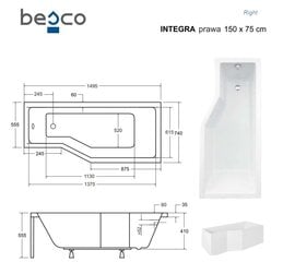 Vanna Besco Integra, 150x75 cm, labā puse cena un informācija | Vannas | 220.lv