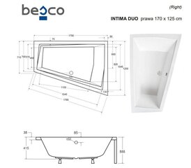 Vanna Besco Intima Duo ar apdari, 170x125 cm, labā puse cena un informācija | Vannas | 220.lv