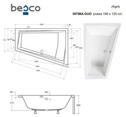 Vanna Besco Intima Duo ar apdari, 180x125 cm, labā puse cena un informācija | Vannas | 220.lv