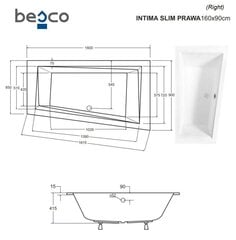 Vanna Besco Intima Slim, 160x90 cm, labā puse cena un informācija | Vannas | 220.lv