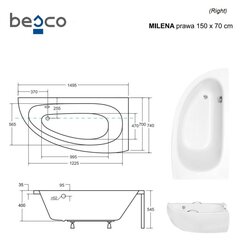 Ванна Besco Milena Premium с ручками и подушкой, 150x70 см, правосторонняя цена и информация | Ванны | 220.lv