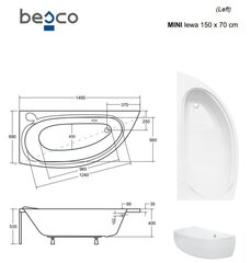 Ванна Besco Mini, 150x70 см, левосторонняя цена и информация | Ванны | 220.lv