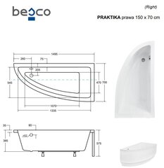 Vanna Besco Praktika, 150x70 cm, labā puse cena un informācija | Vannas | 220.lv