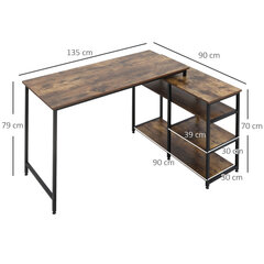 HOMCOM Stūra rakstāmgalds, L-veida datorgalds ar plauktu un atvilktni, biroja rakstāmgalds, metāla skaidu plātne, rustikāli brūns, 135x90x79cm cena un informācija | Datorgaldi, rakstāmgaldi, biroja galdi | 220.lv