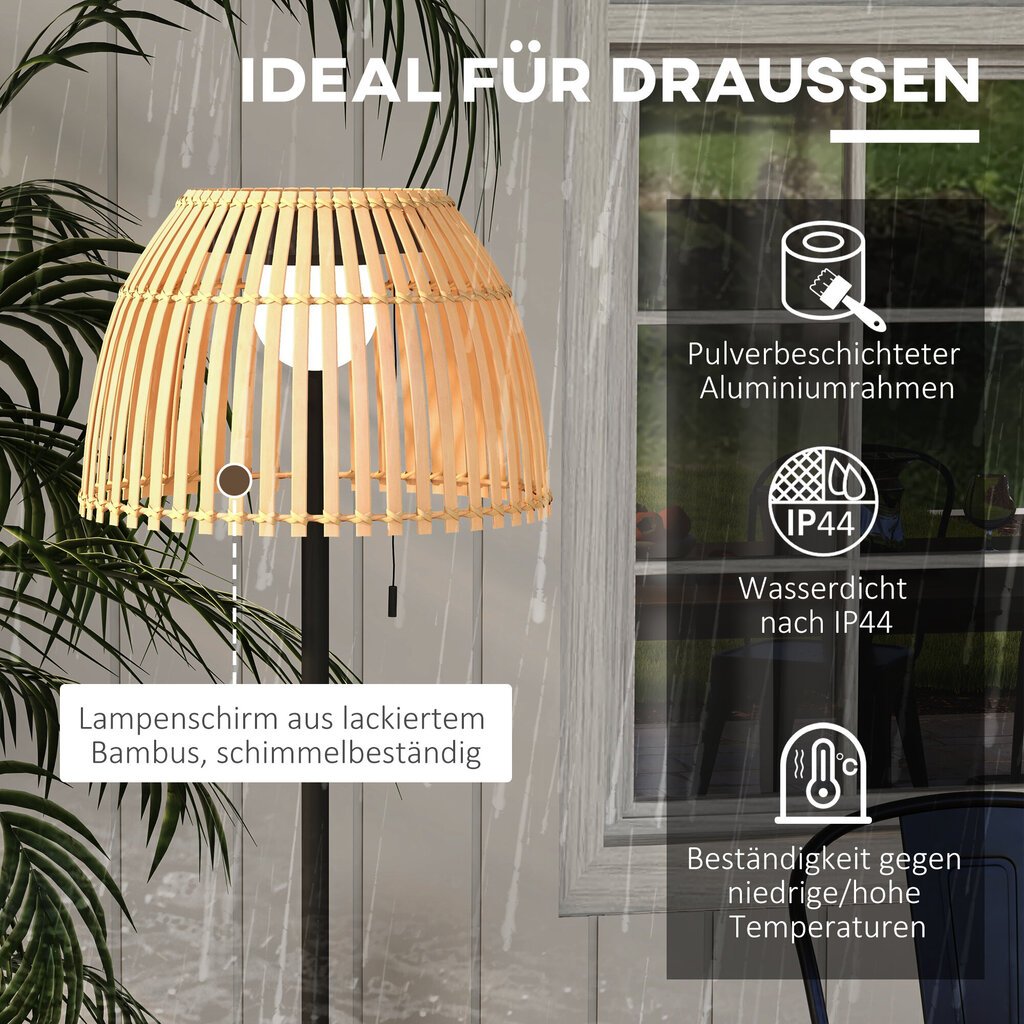 Outsunny Saules grīdas lampa āra stāvlampa, USB uzlādējama LED saules lampa iekštelpām, IP44 ūdensizturīga stāvlampa, aptumšojama, silti balta, ķēdes slēdzis, bambusa, dabīgs tonis cena un informācija | Lustras | 220.lv