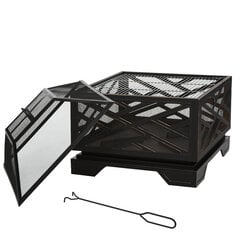 Outsunny ugunskura trauks ar dzirksteļu aizsargu, ugunskura grozs ar restēm un pokeru, 2-in-1 BBQ grils, metāla, melns, 66x66x66cm cena un informācija | Ugunskura vietas | 220.lv